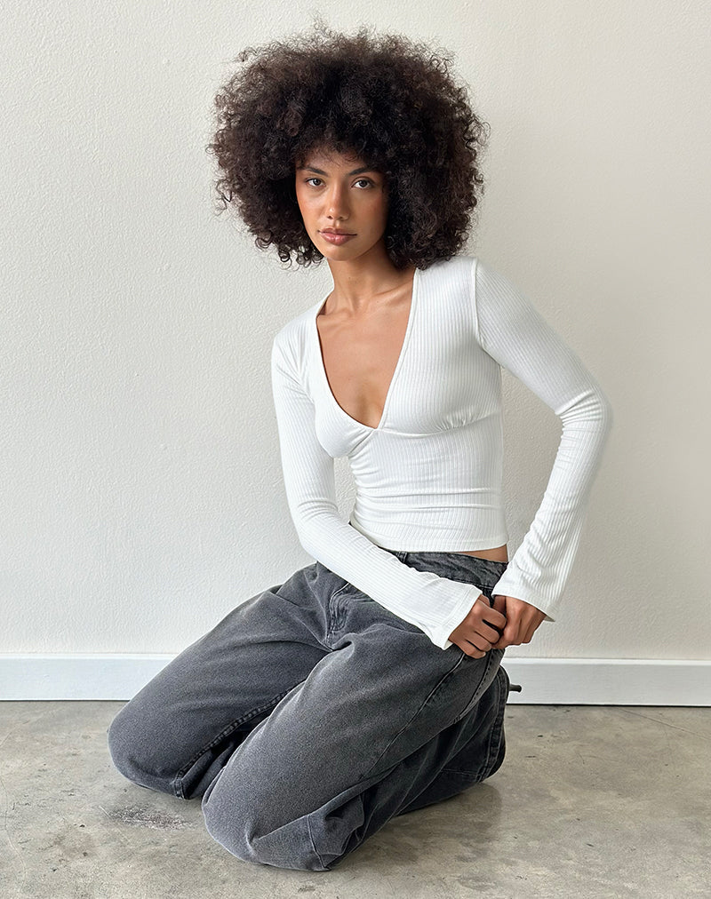 Image of Emesy Long Sleeve Top in Thick Ribbed Off White