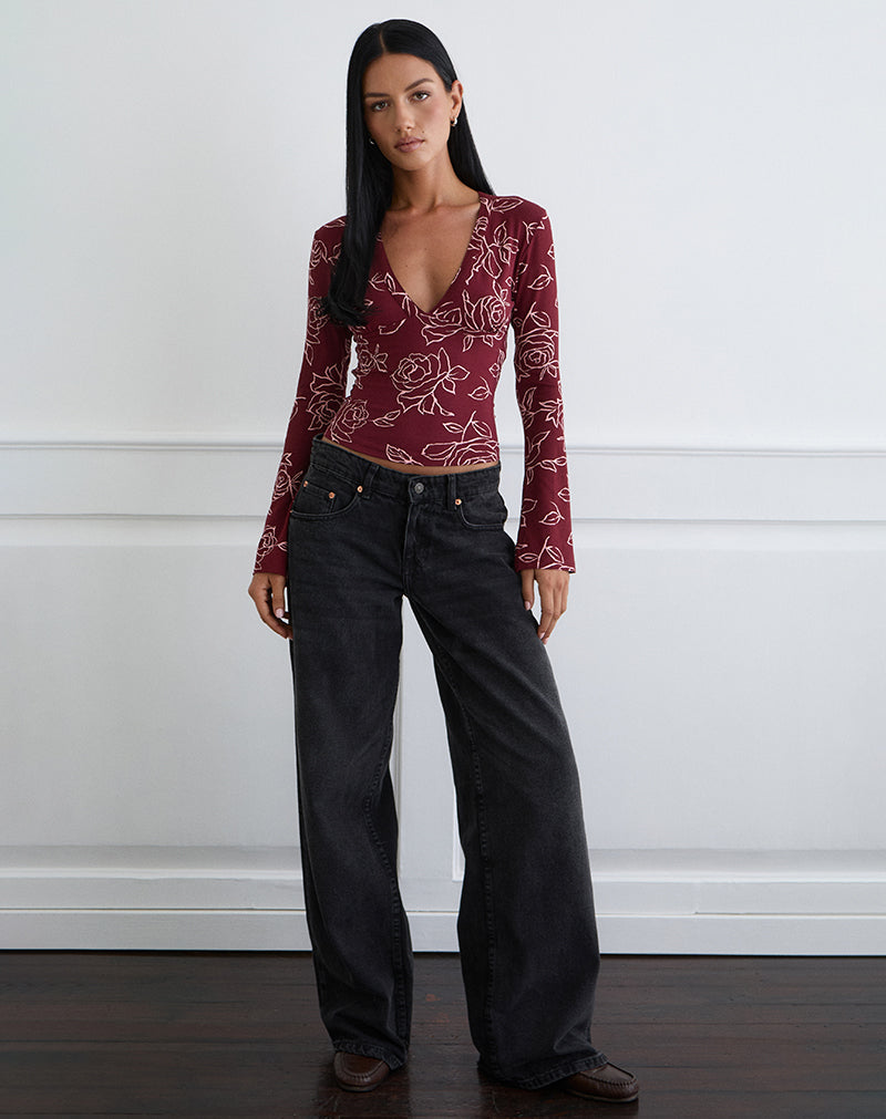 Red Outline Rose Print Long Sleeve Top | Emesy – motelrocks-com-us