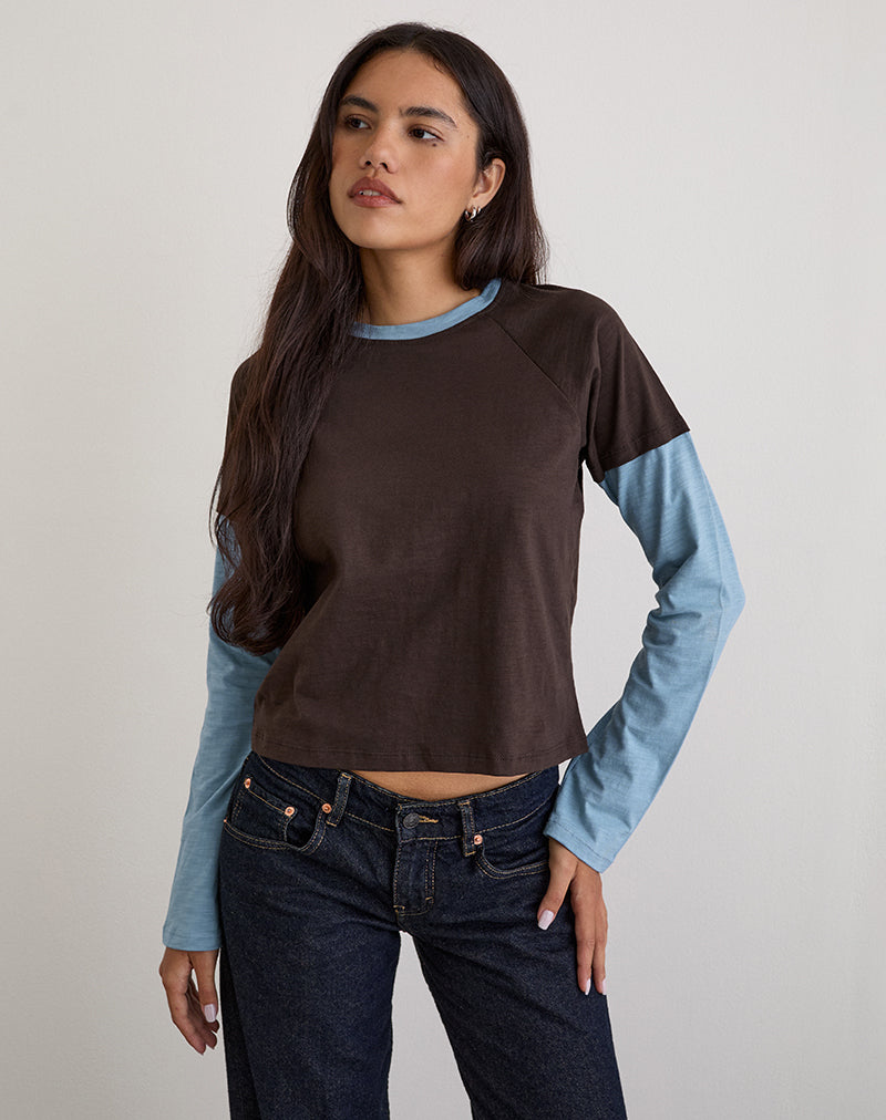 Brown and Blue Double Layered Short and Long Sleeve T-shirt | Enid