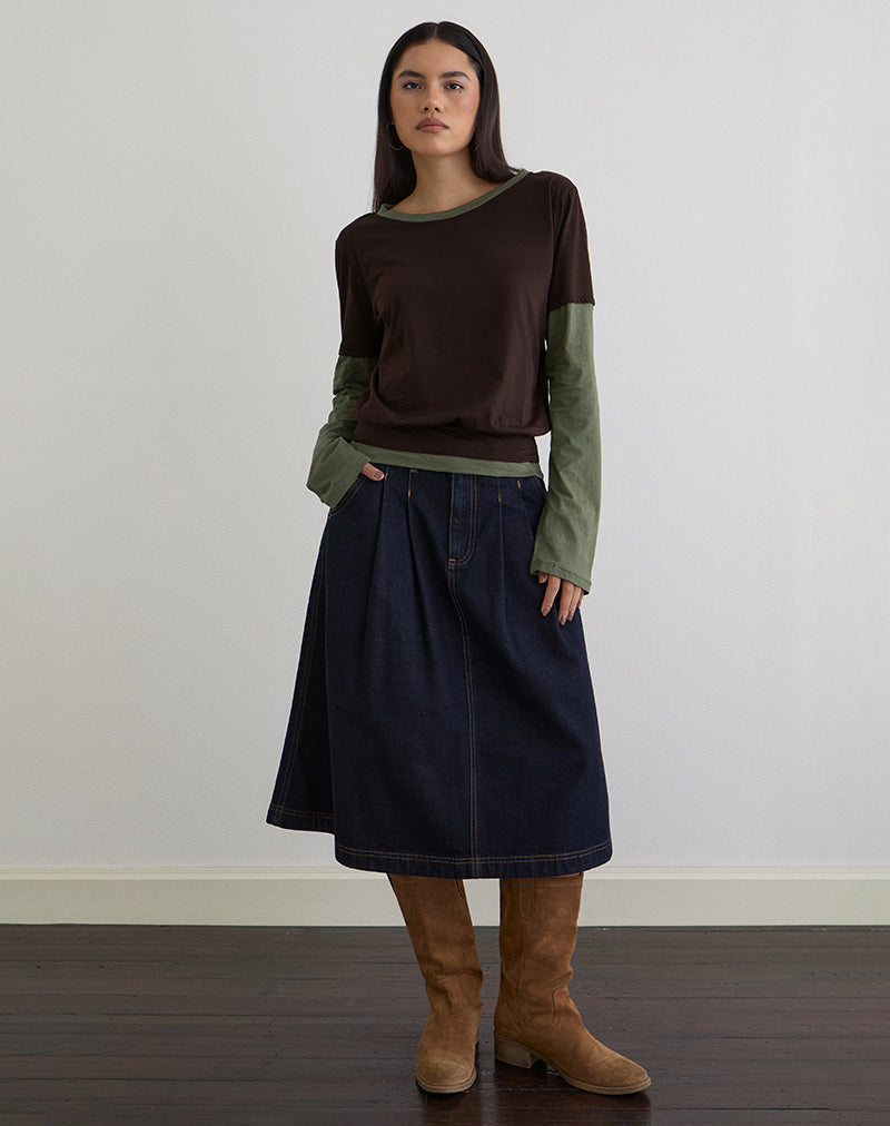 Image of Enidy Long Sleeve Top in Jersey Chocolate and Khaki Combo