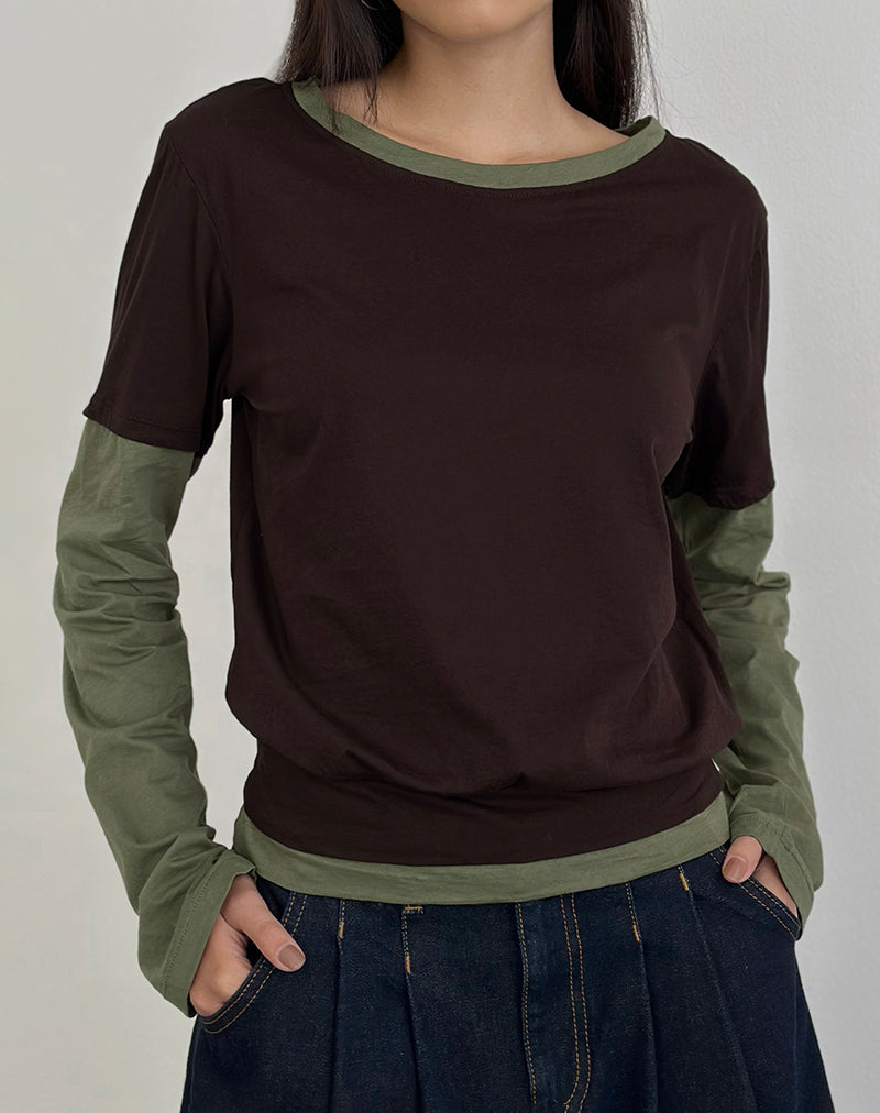 Image of Enidy Long Sleeve Top in Jersey Chocolate and Khaki Combo