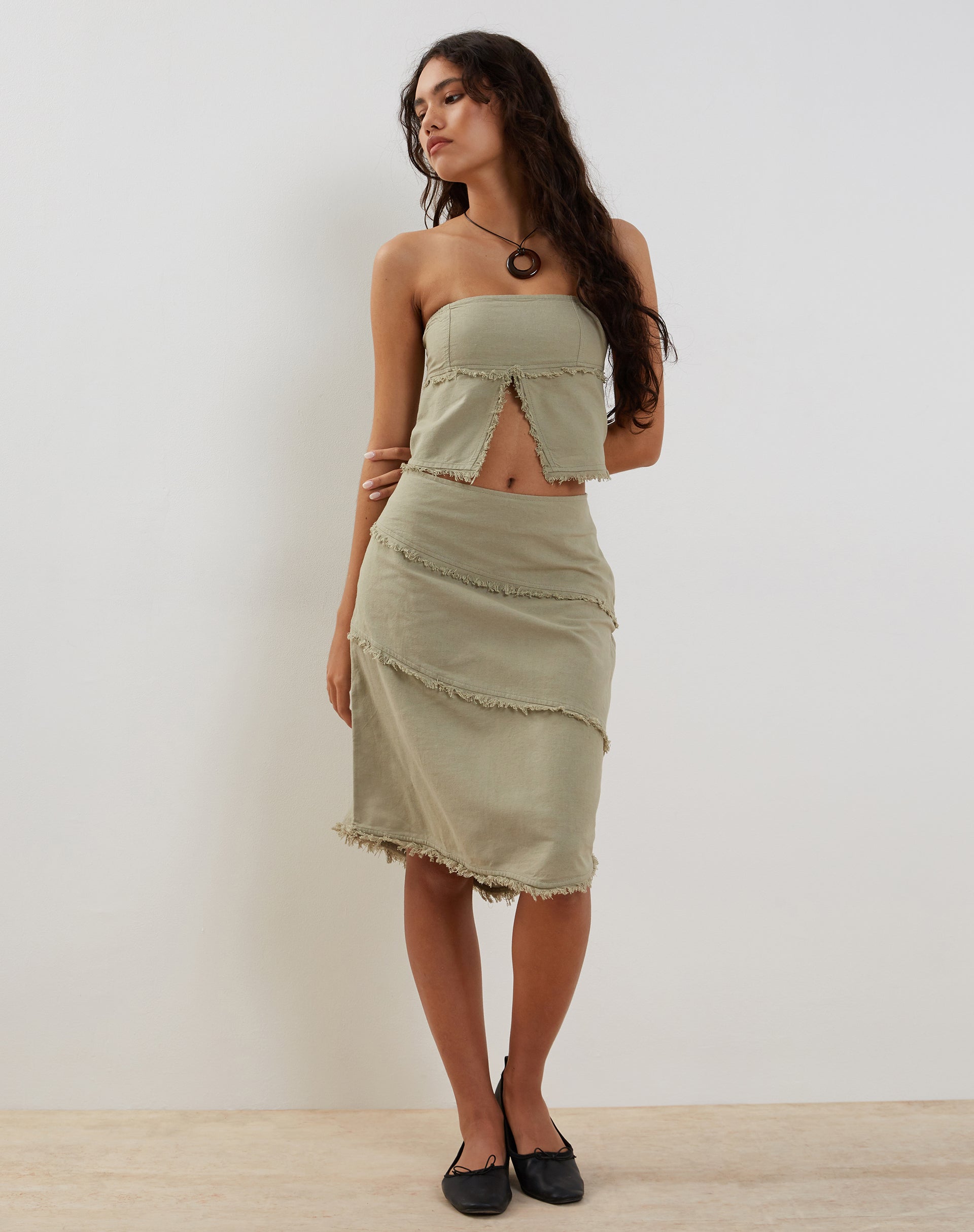 Image of Ralna Asymmetric Midi Skirt in Linen Slate Green