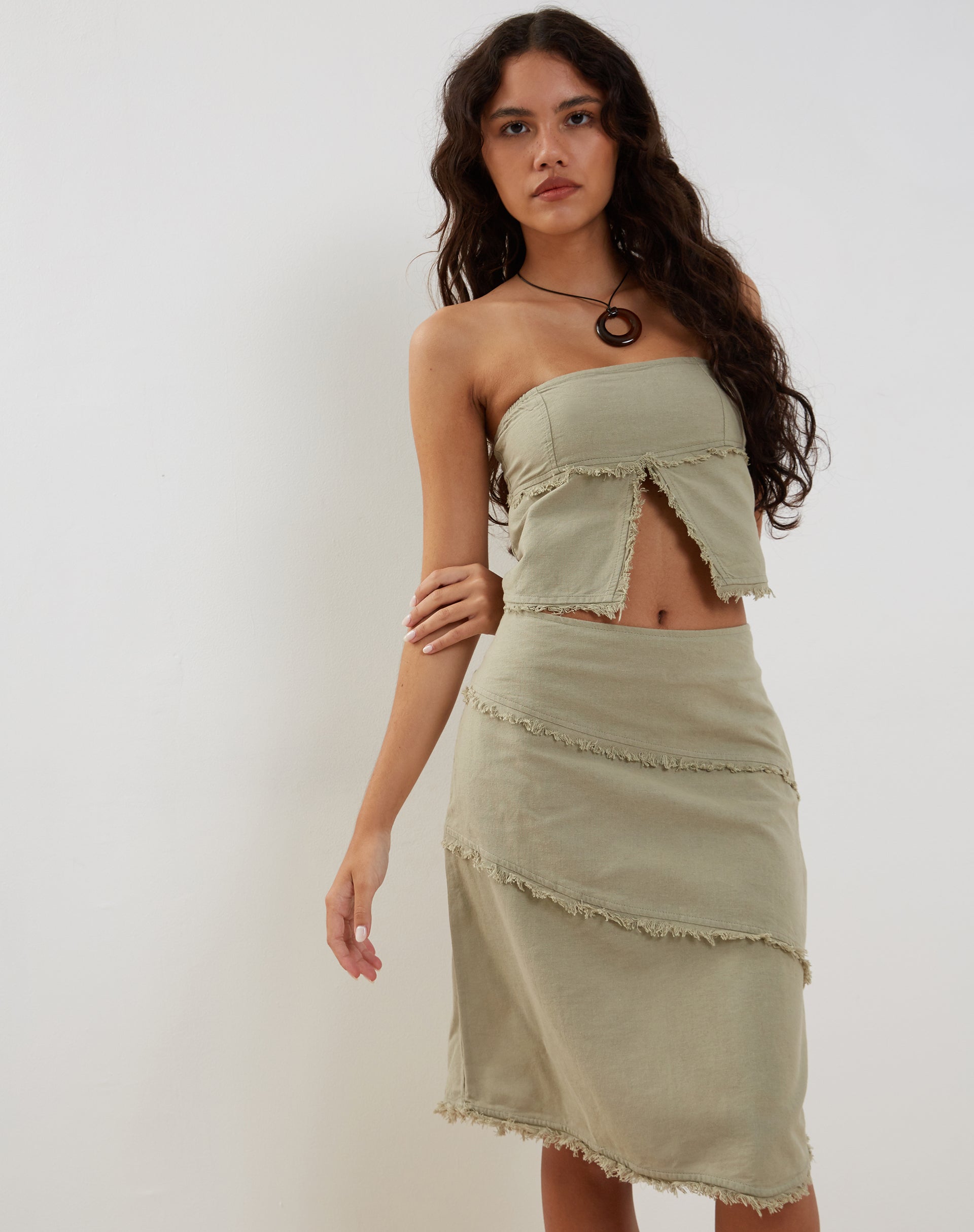 Image of Ralna Asymmetric Midi Skirt in Linen Slate Green