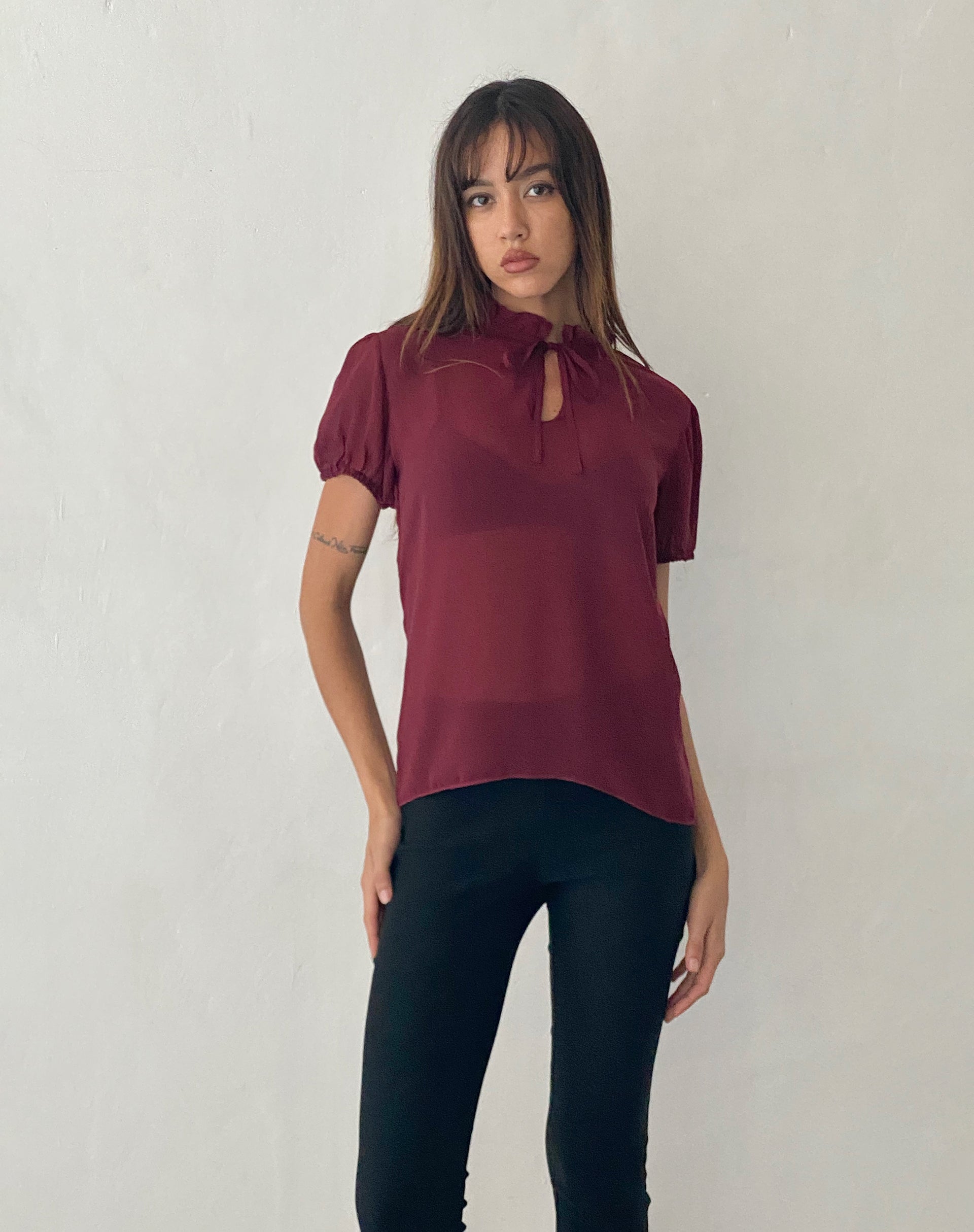 Image of Enzo High Neck Blouse in Oxblood Chiffon