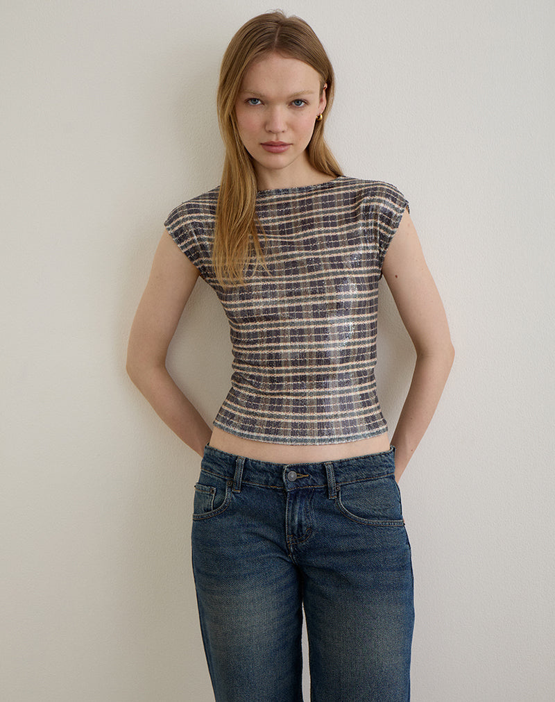 Brown Vintage Check Sequin Open Back Top | Erica – motelrocks-com-us