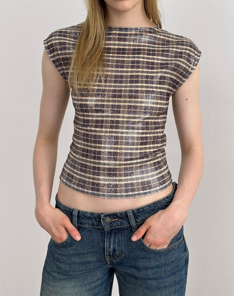 Brown Vintage Check Sequin Open Back Top | Erica – motelrocks-com-us