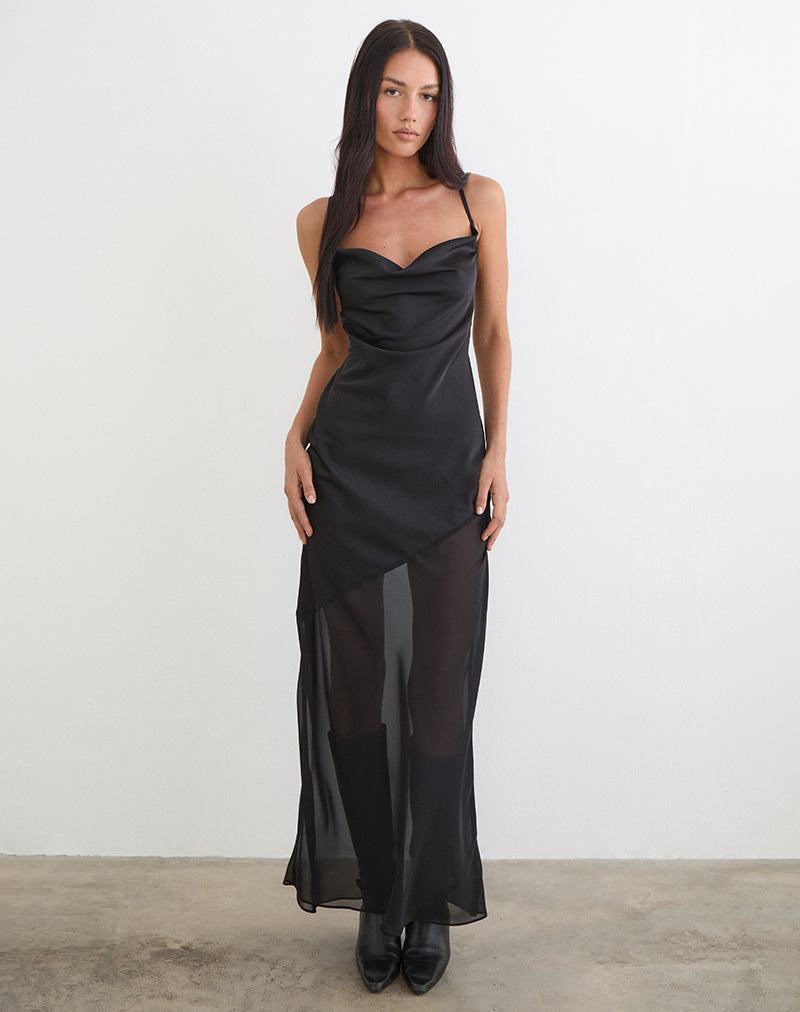 Women's Eshara Maxi Dress in Chiffon Satin Black, XS , Asymmetric Black