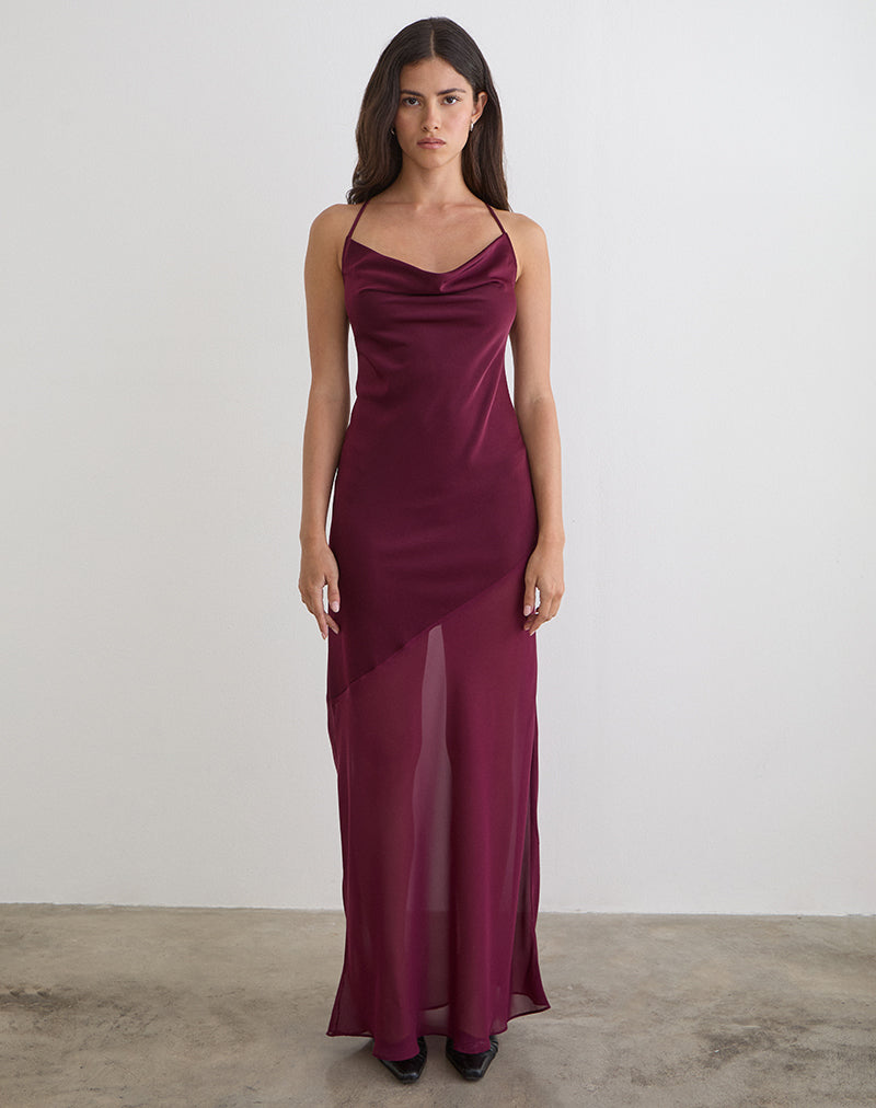 Image of Eshara Maxi Dress in Chiffon Satin Burgundy