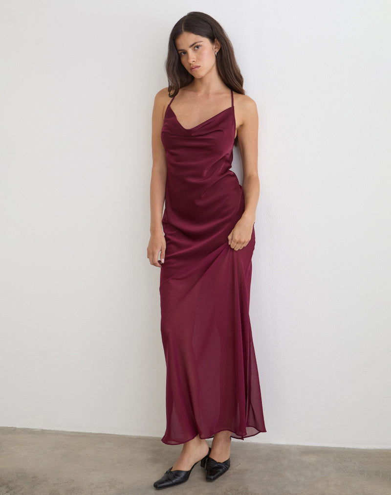 burgundy chiffon maxi dress Eshara Maxi Dress in Chiffon Satin Burgundy , Asymmetric