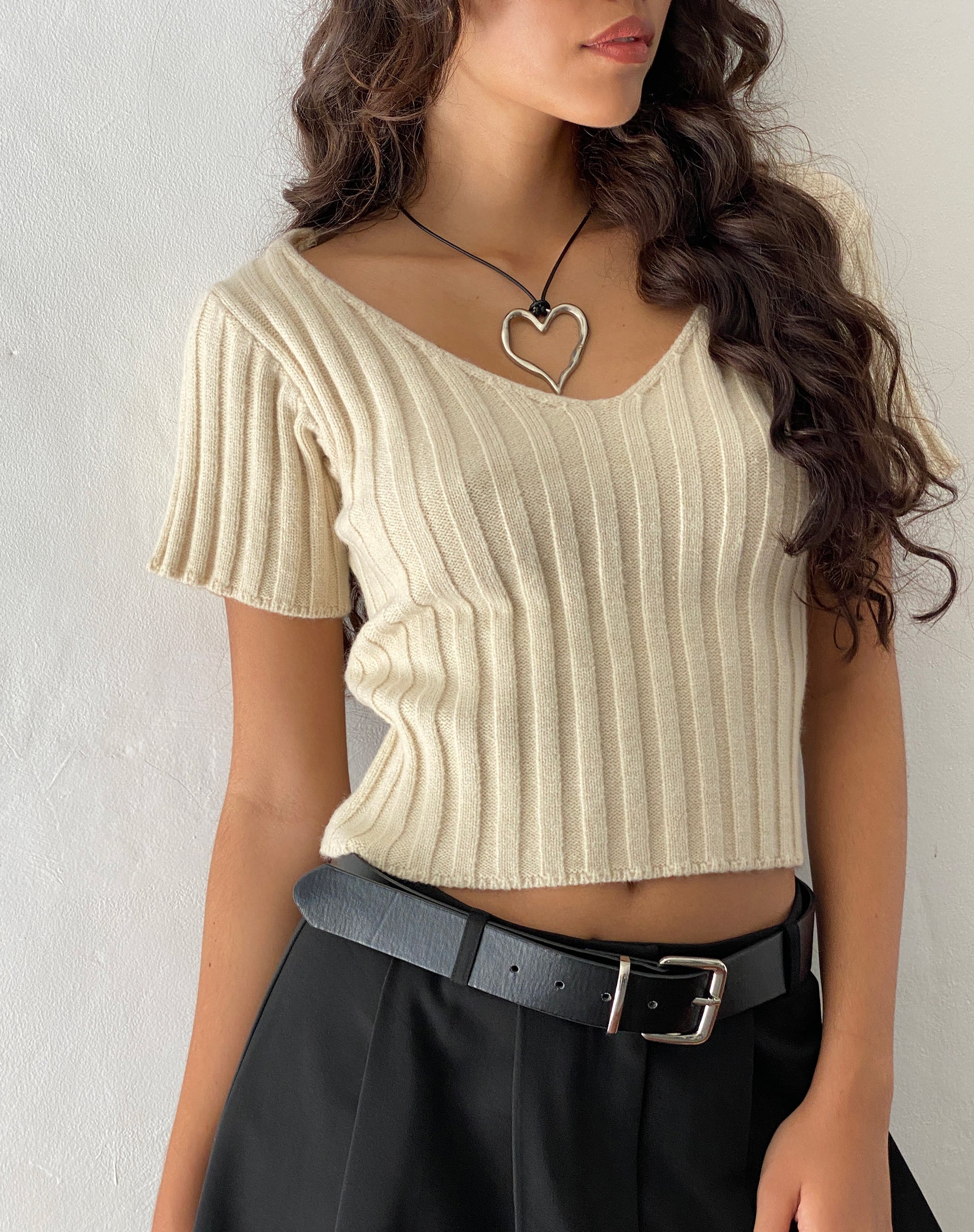 Image of Estella Short Sleeve Knitted Top in Natural Oat