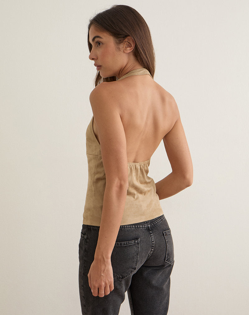 Image of Estri Halterneck Top in Tan Faux Suede