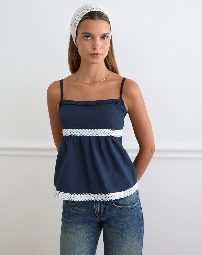 Image of Evren Cami Top in Dark Navy with Lace Trim