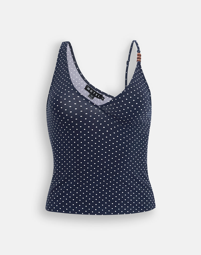Image of Fara Top with Beads in Jersey Navy with Micro Polka Print