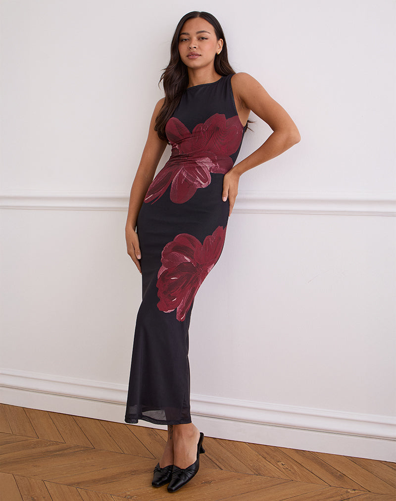 strapless open back dress Black and Red Cherry Print Mini Dress