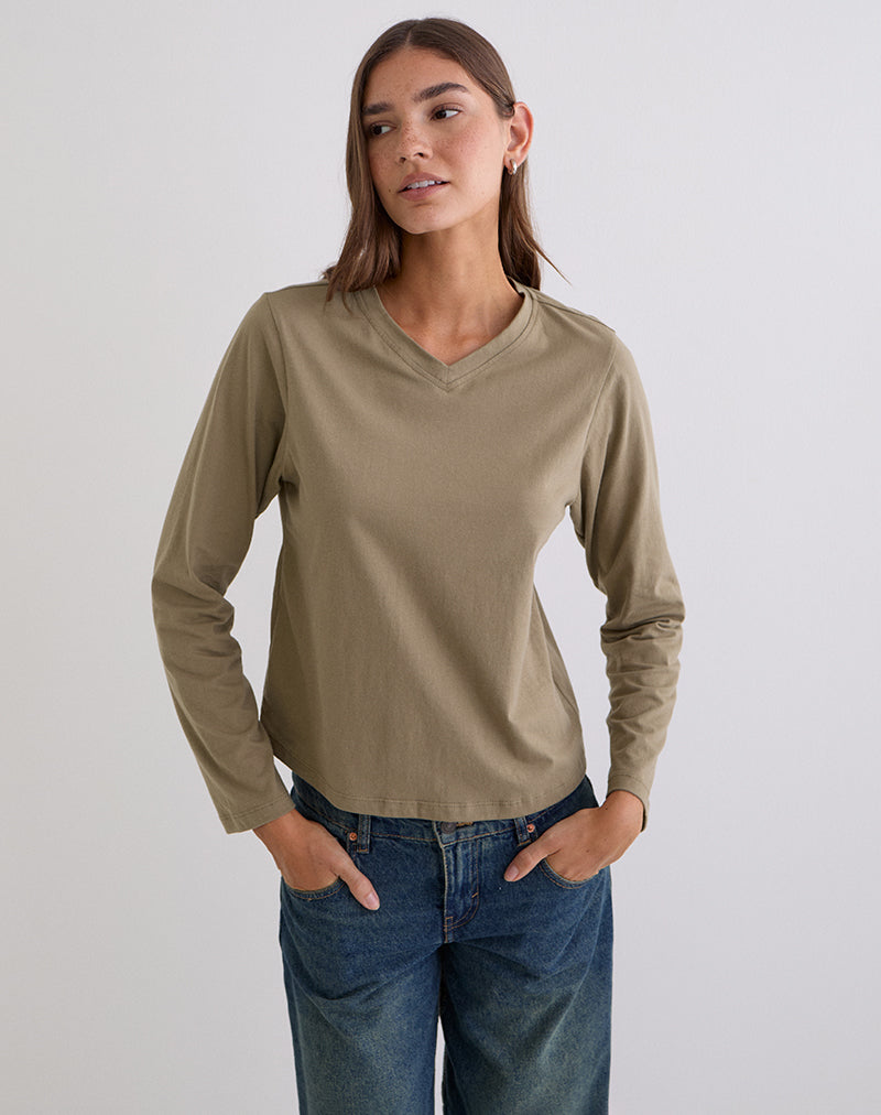 Khaki Green Long Sleeve Slouchy V Neck Top | Feman – motelrocks-com-us