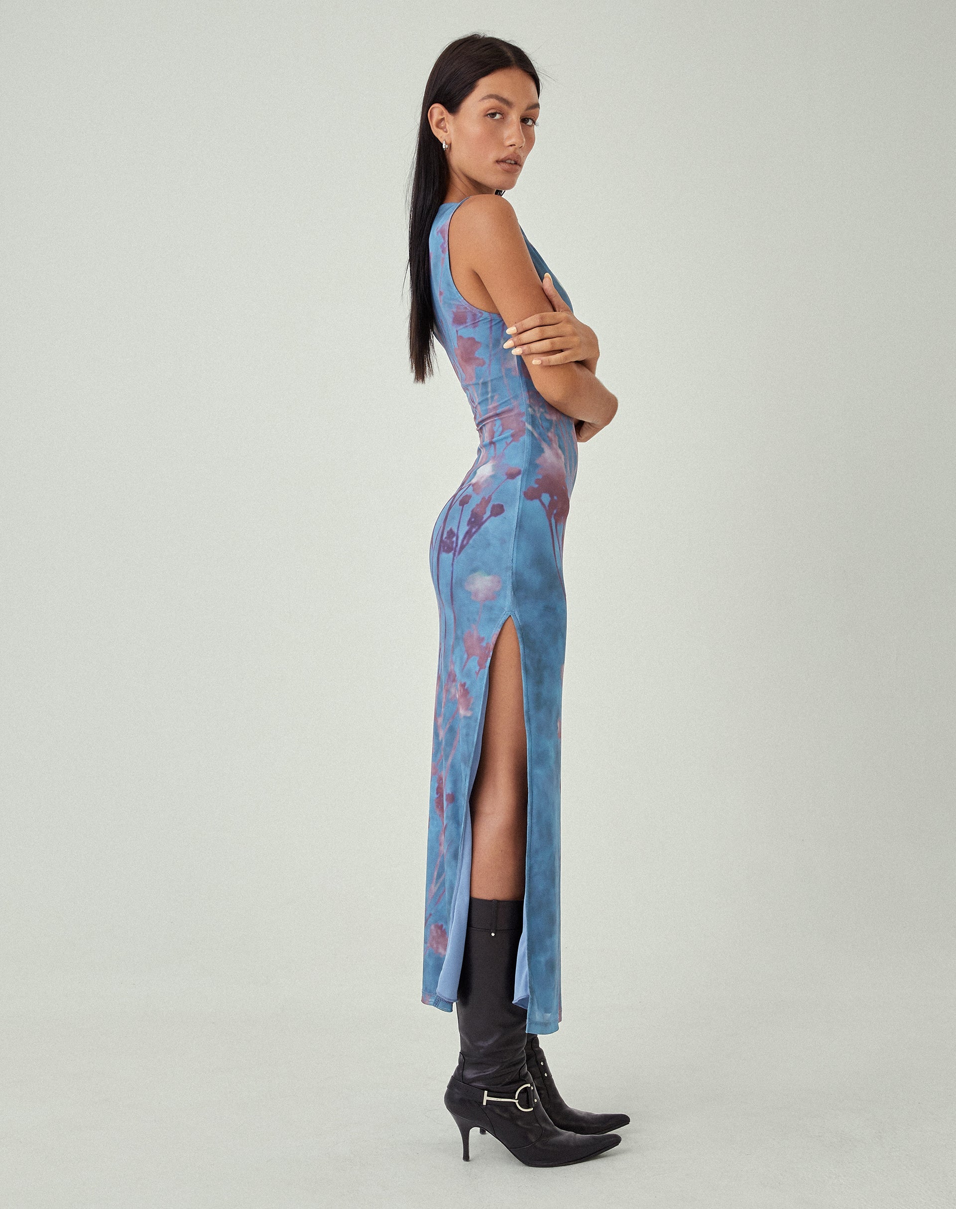 MOTEL X JACQUIE Flo Midi Dress in Lumen Mesh Blue MOTEL X JACQUIE Flo Midi Dress in Lumen Mesh Blue