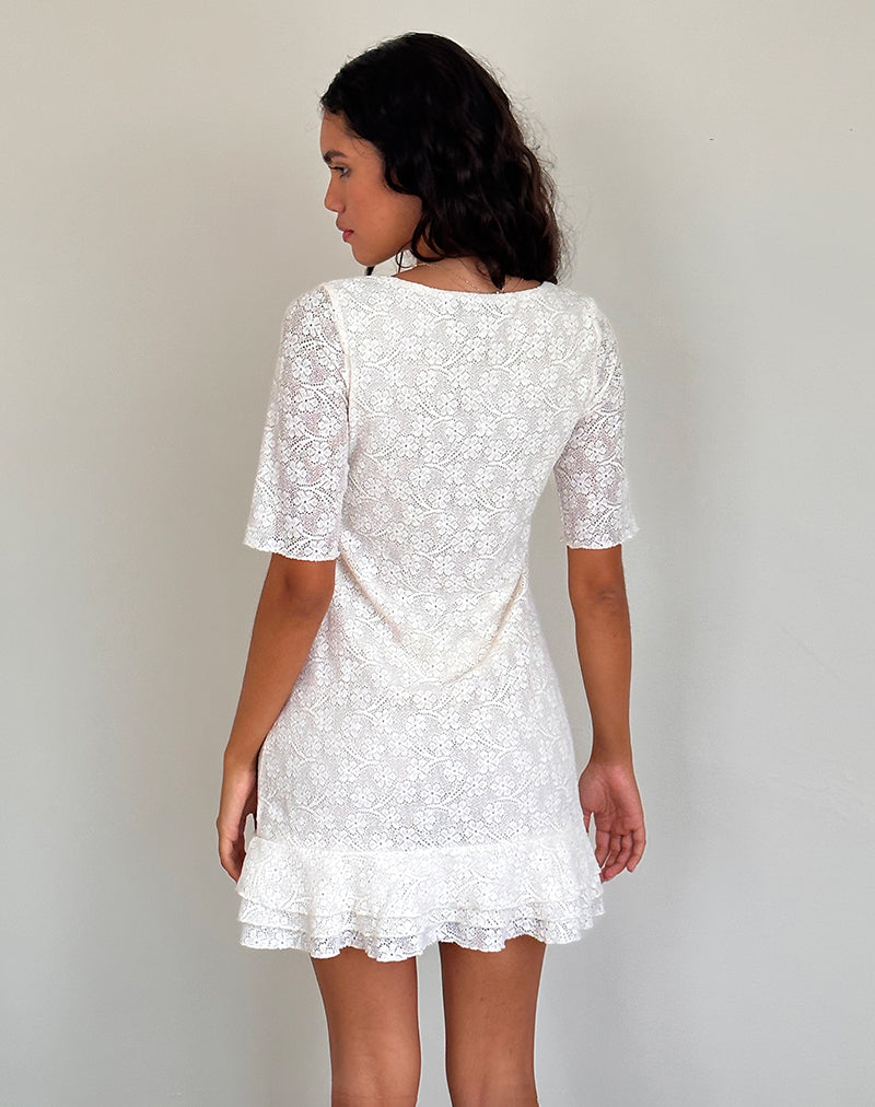 Women's Fredrika Mini Dress in Lace Ivory, XXS , Floral , Frill , Scoop Neckline ivory Women's Fredrika Mini Dress in Lace Ivory, XXS , Floral , Frill , Scoop Neckline ivory