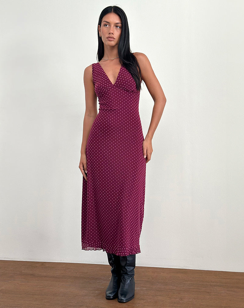 Berry Flocked Basic Polka Dot Midi Dress | Gabriela – motelrocks