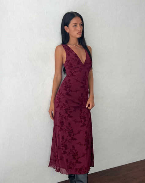 Gabriela Midi Dress in Botanical Flower Maroon , V Neck , Plunge Neckline Gabriela Midi Dress in Botanical Flower Maroon , V Neck , Plunge Neckline