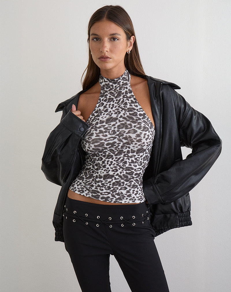 Galile High Neck Top in Jersey Blurry Leopard Grey