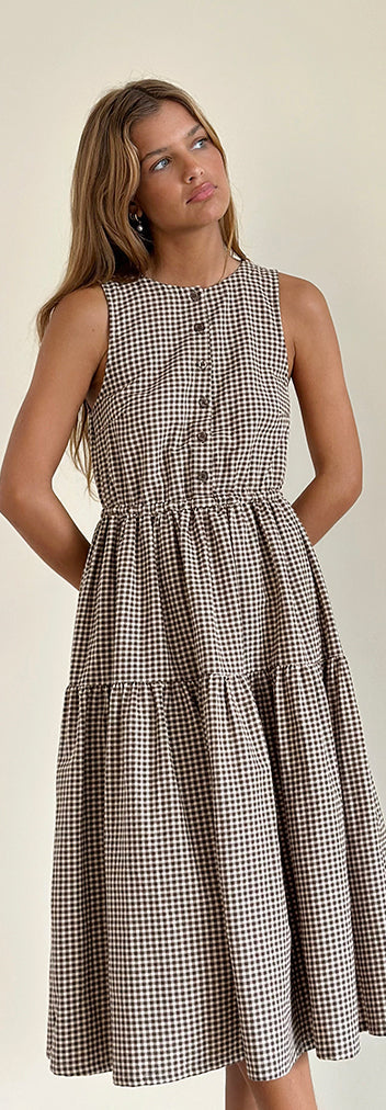 Mini Gingham Brown Smock Dress