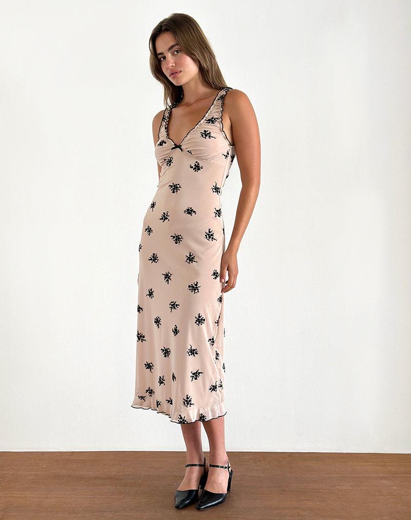 Gandira Midi Dress in Cluster Ditsy Floral Flock Nude