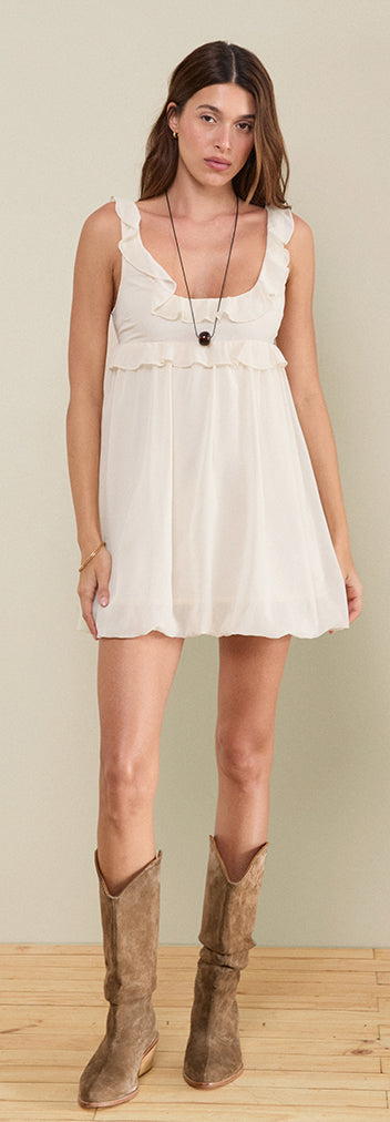 Garistha Babydoll Puffball Mini Dress in Cream