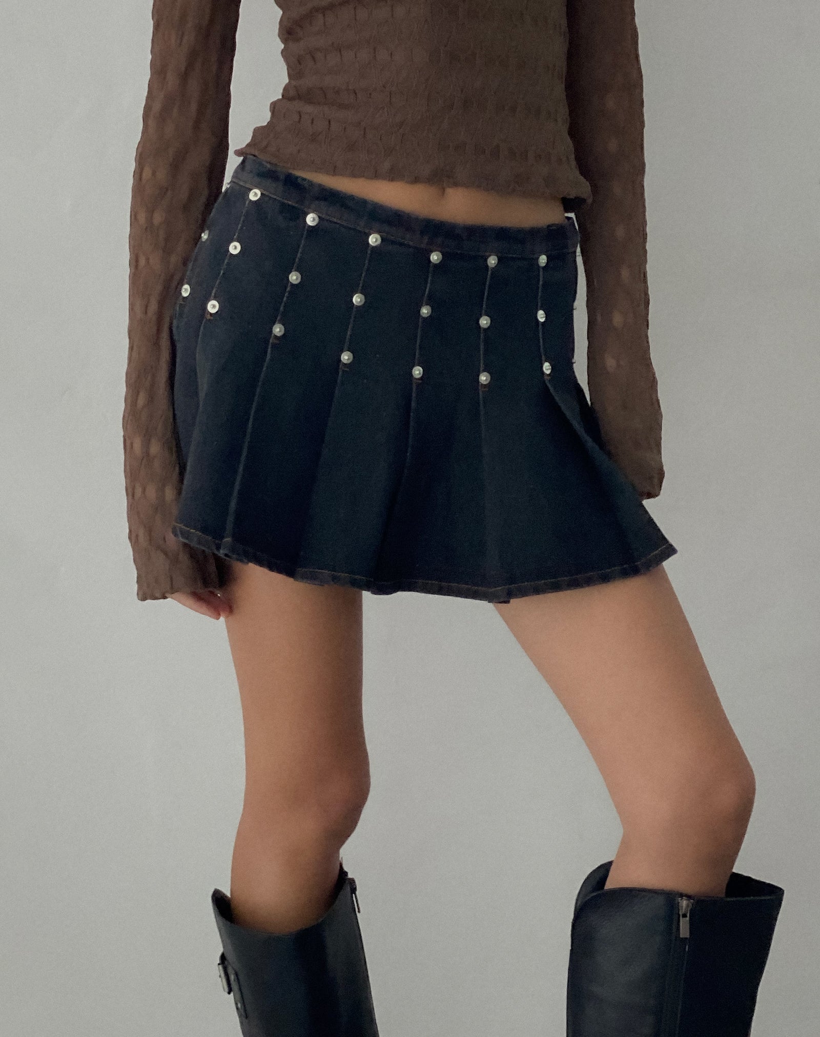 Black Wash with Studs Pleated Denim Mini Skirt