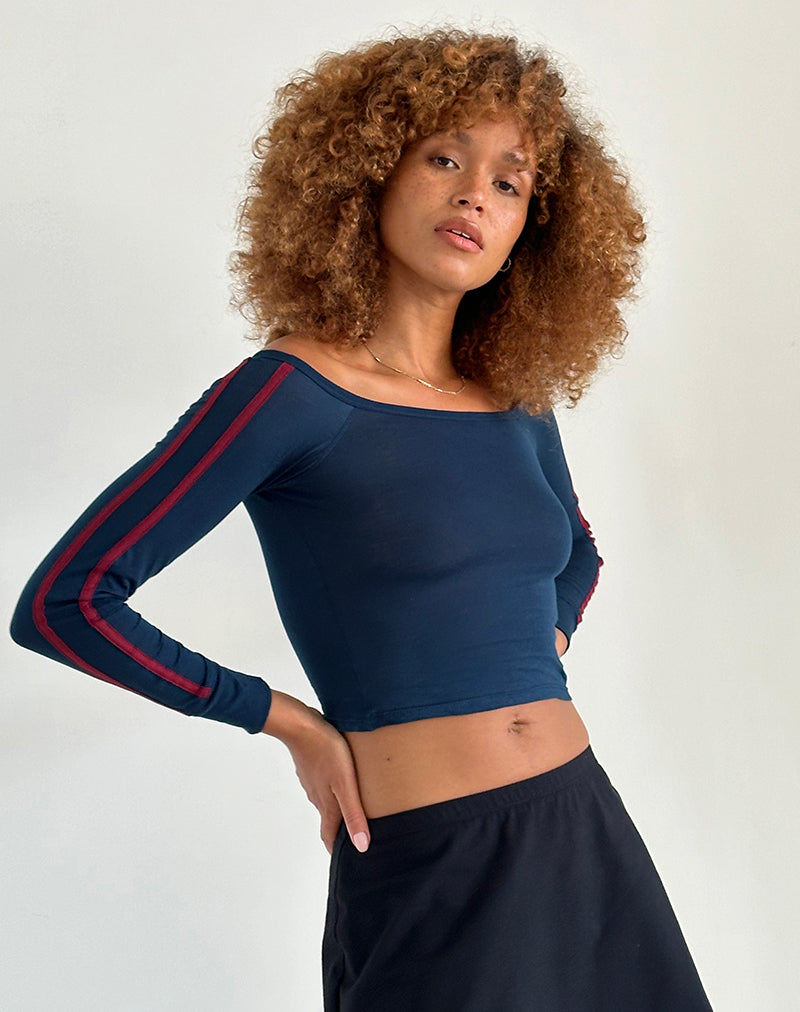 Gavya Bardot Long Sleeve Top in Navy with Adrenaline Red Stripe