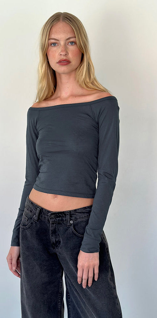 Image of Gavya Long Sleeve Bardot Top in Ocean Storm Jersey