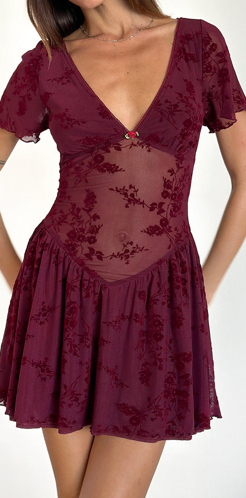 Image of Geni Mini Dress in Botanical Flower Maroon