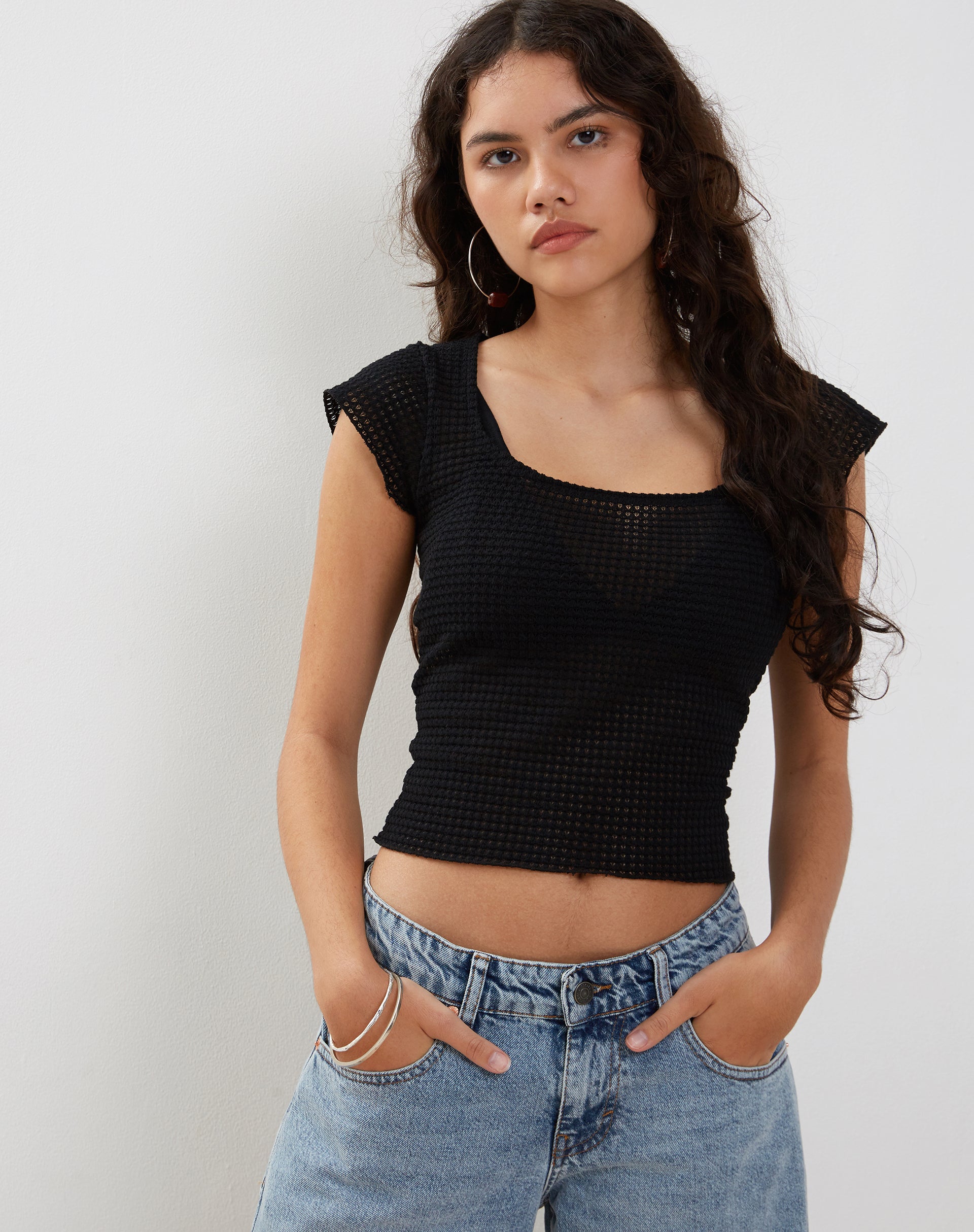 Image of Gianina Crop Top in Black Textured Crochet