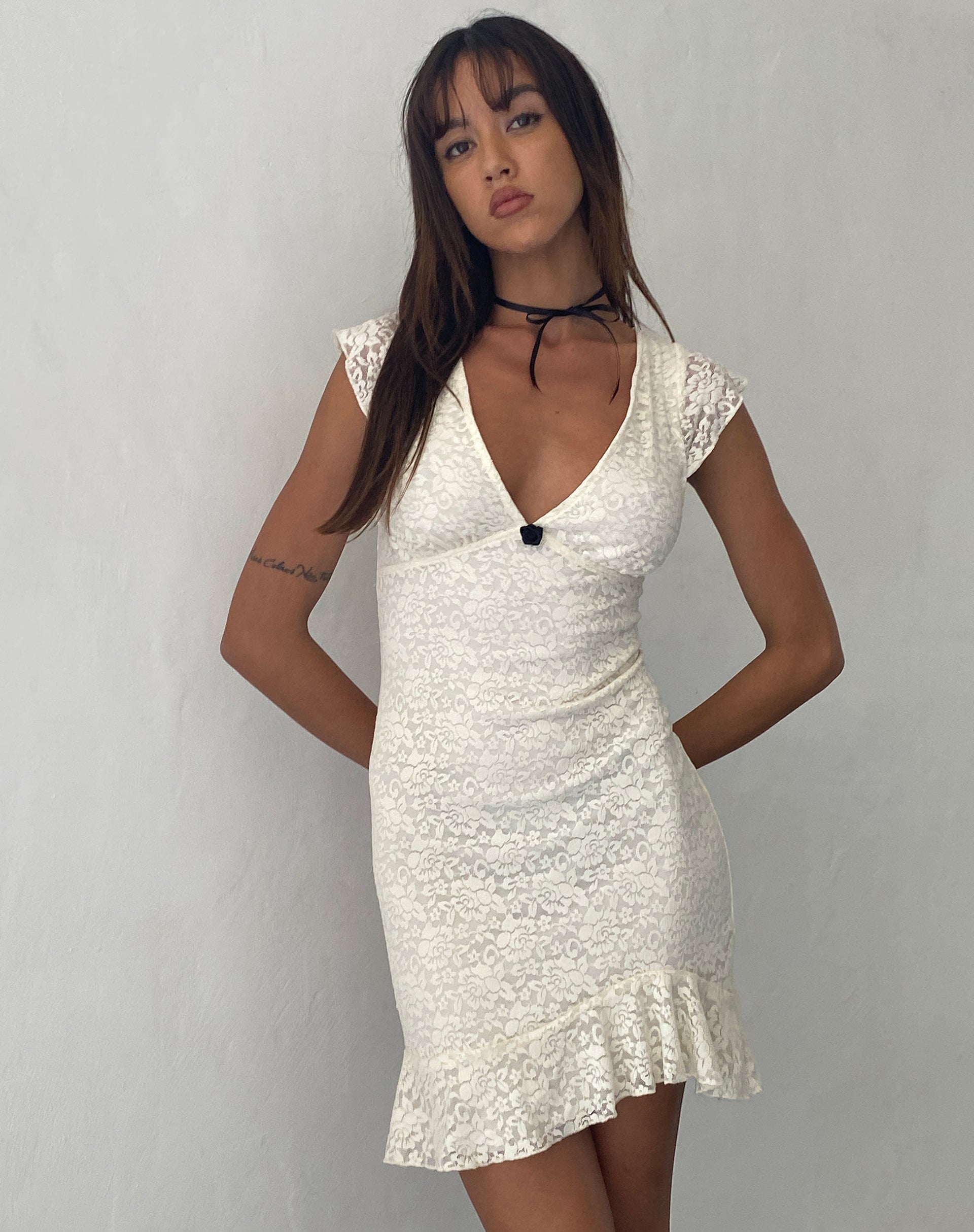 Ginevra Frill Hem Mini Dress in Rose Lace Ivory Ginevra Frill Hem Mini Dress in Rose Lace Ivory