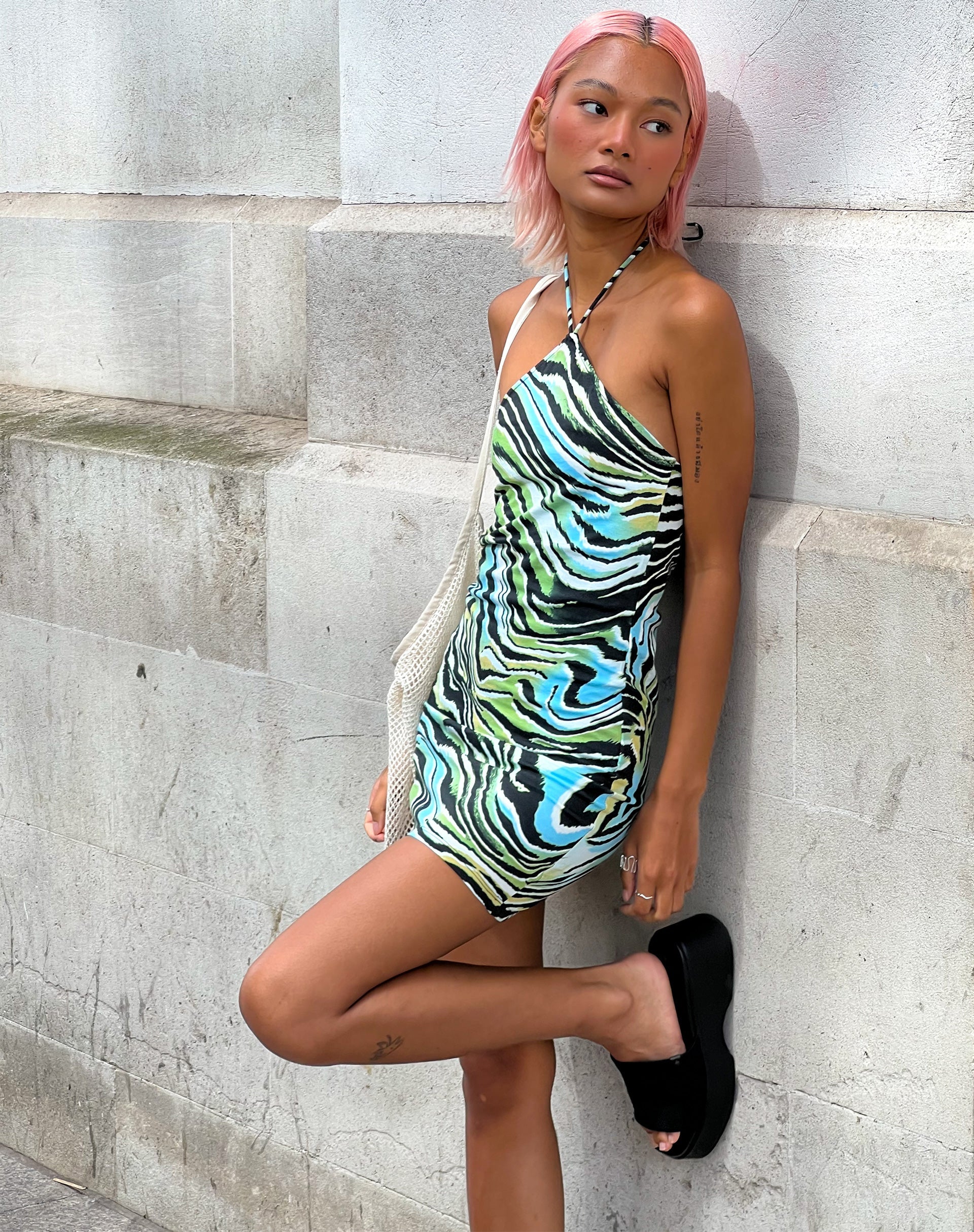 Giori Mini Dress in Warped Zebra Blue Giori Mini Dress in Warped Zebra Blue