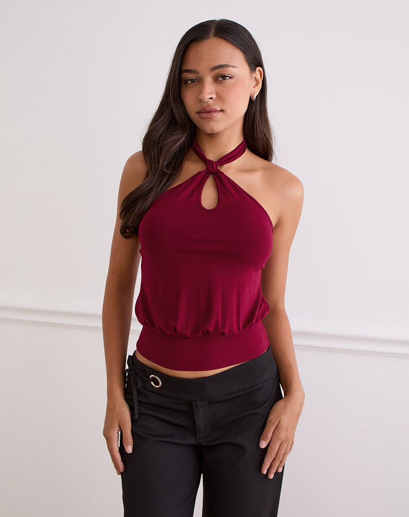 Image of Giunea Knot Halter Top in Burgundy