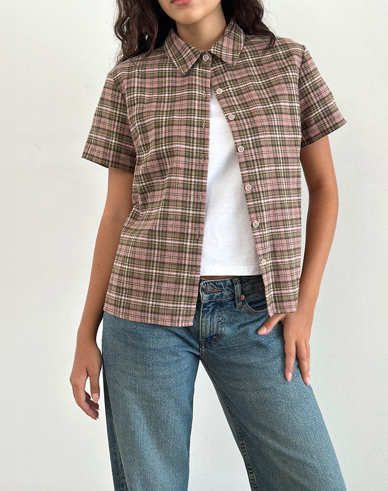 Image of Gosanri Short Sleeve Shirt in Pink and Green Check