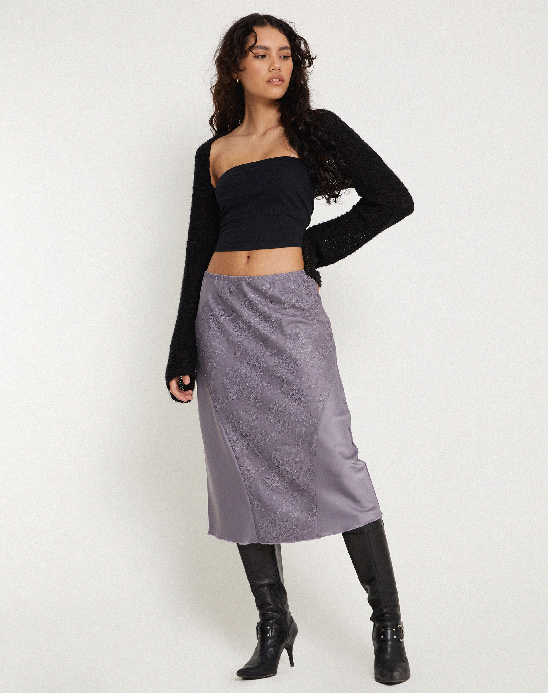 IMAGE OF Goyara Midi Skirt in Satin Grey Ridge