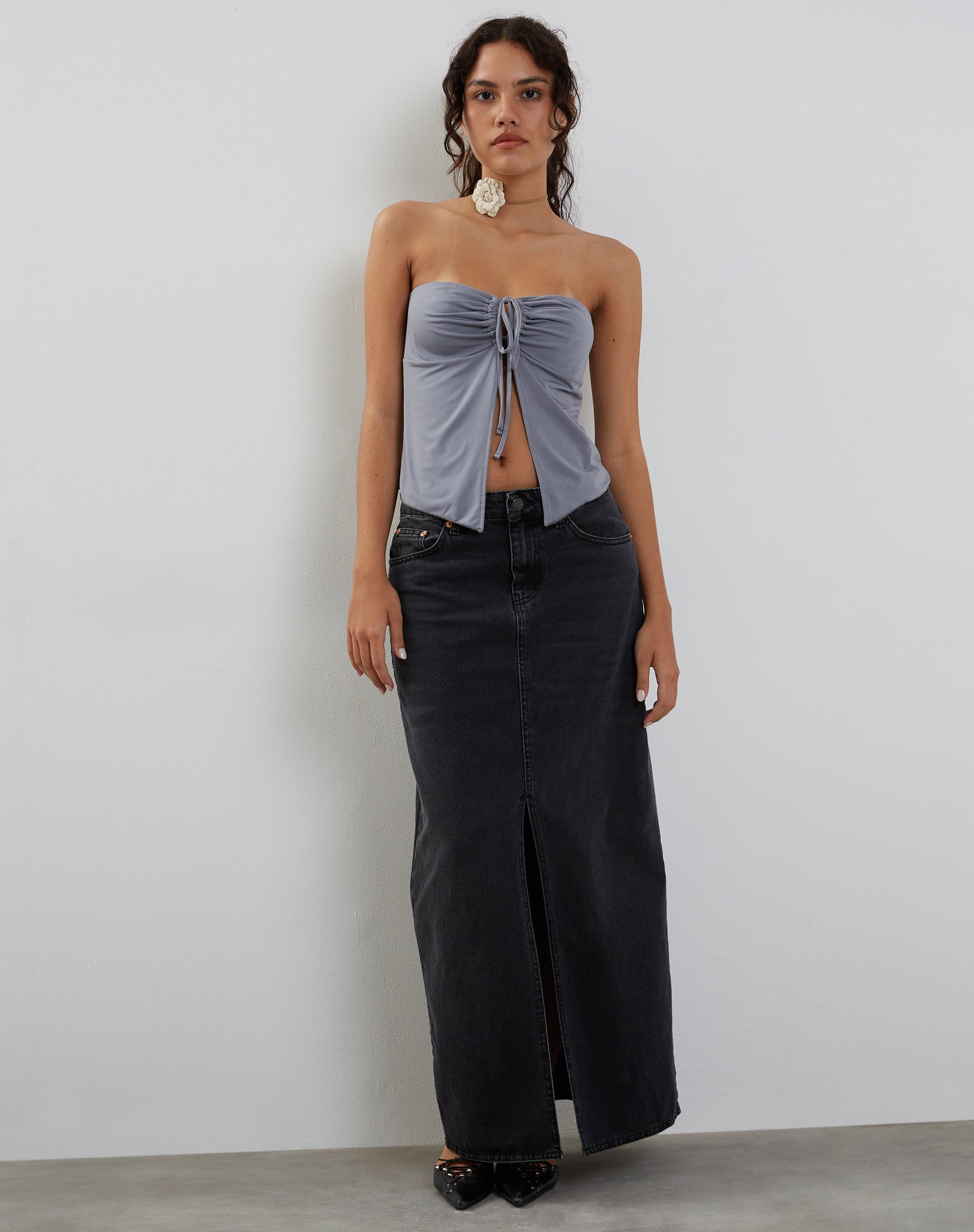 Grey Tie Front Bandeau Top | Greta – motelrocks-com-us