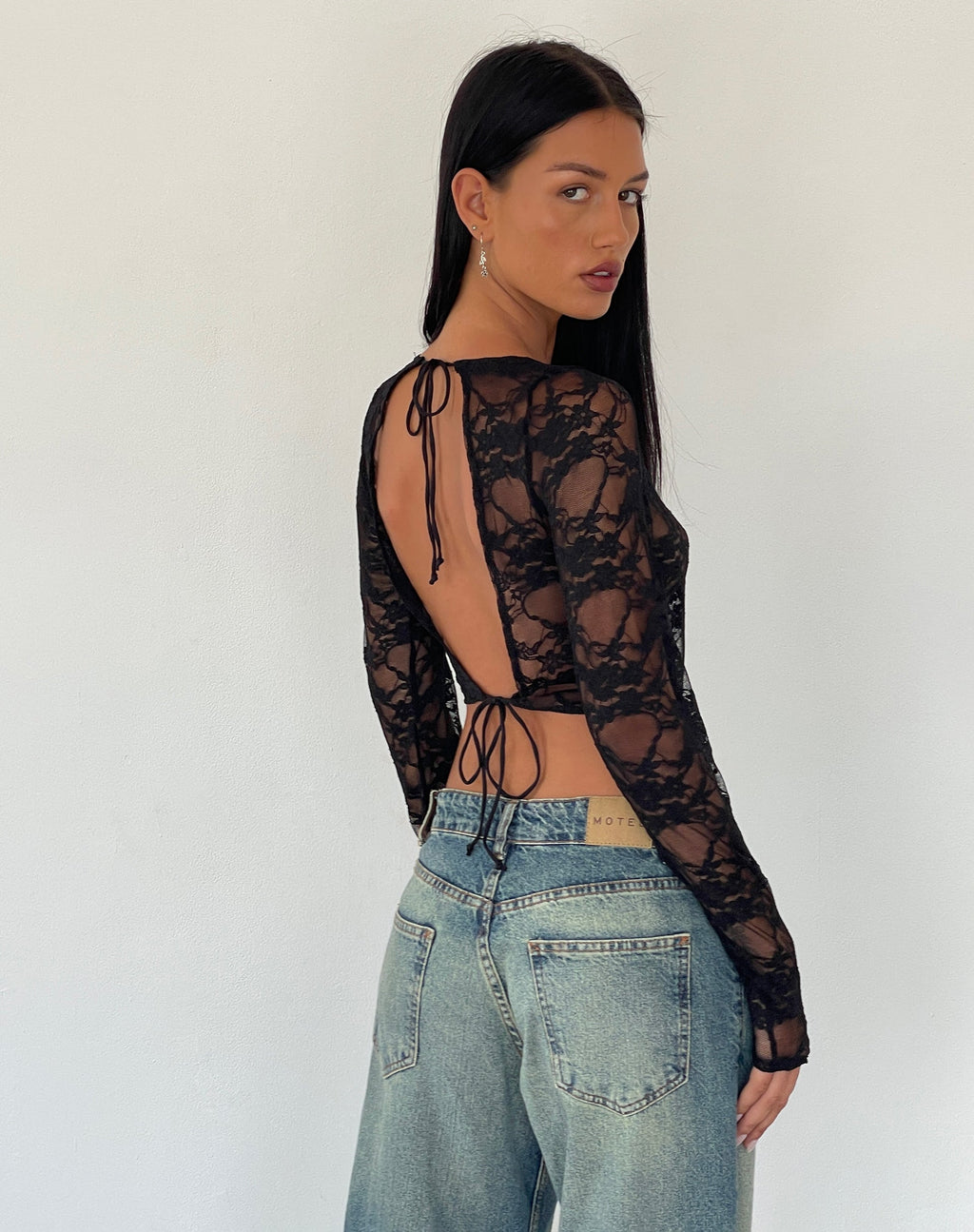 Grizelda Backless Long Sleeve Top in Black Abstract Lace