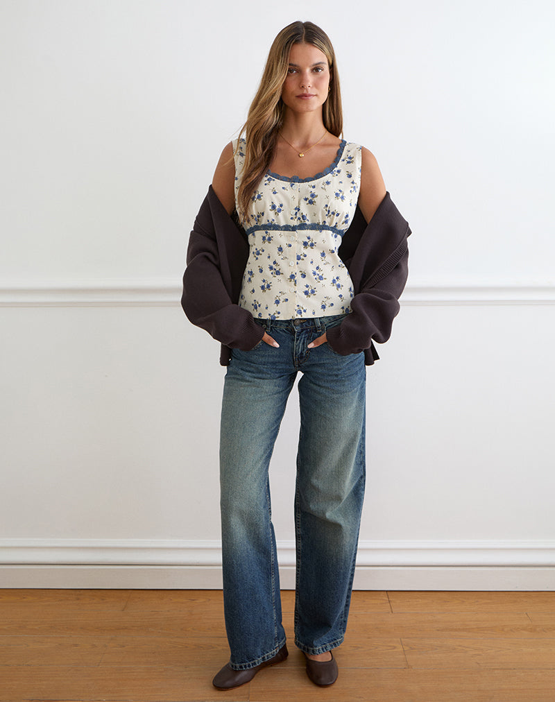Image of Gronini Top in Ditsy Leaf Rose Navy