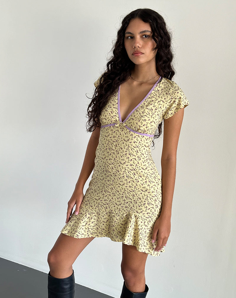 Women's Gysele Mini Dress in Flowing Flower Yellow, M , V Neck yellow Women's Gysele Mini Dress in Flowing Flower Yellow, M , V Neck yellow