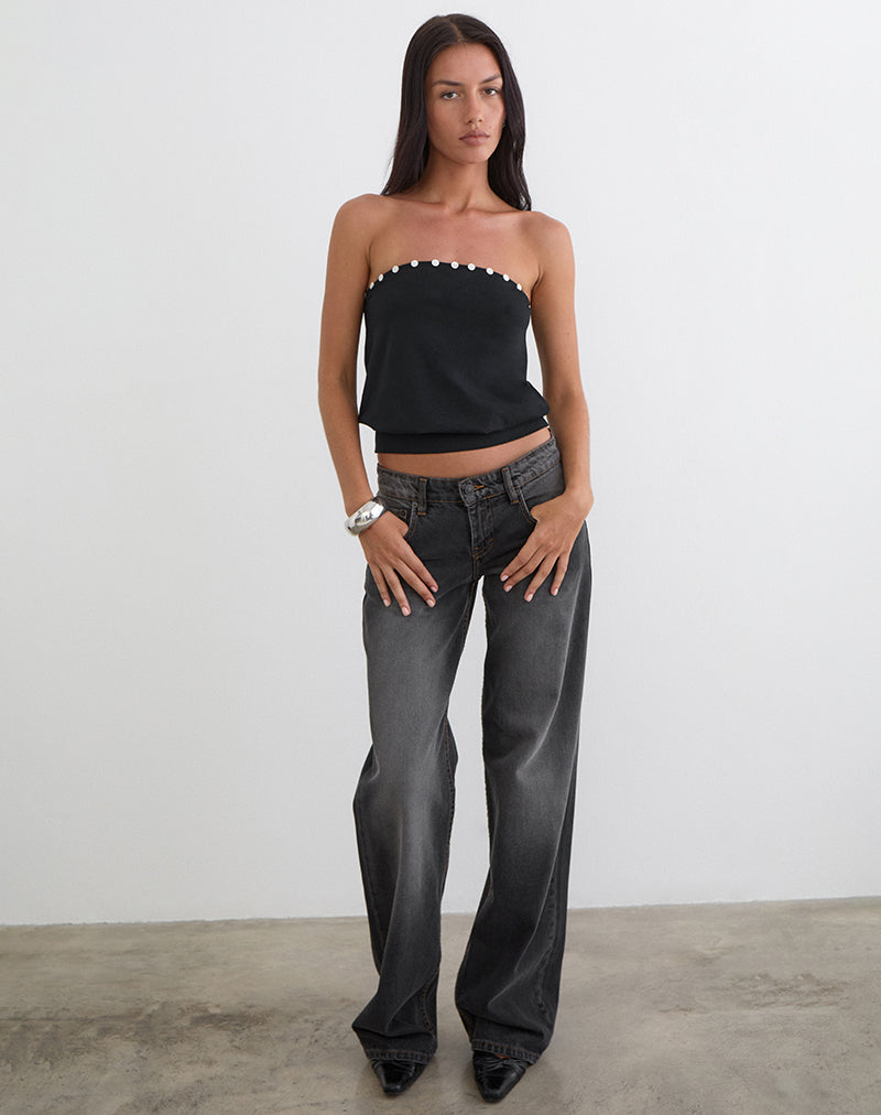 Image of Hagar Top in Black with Pearl Button Trim