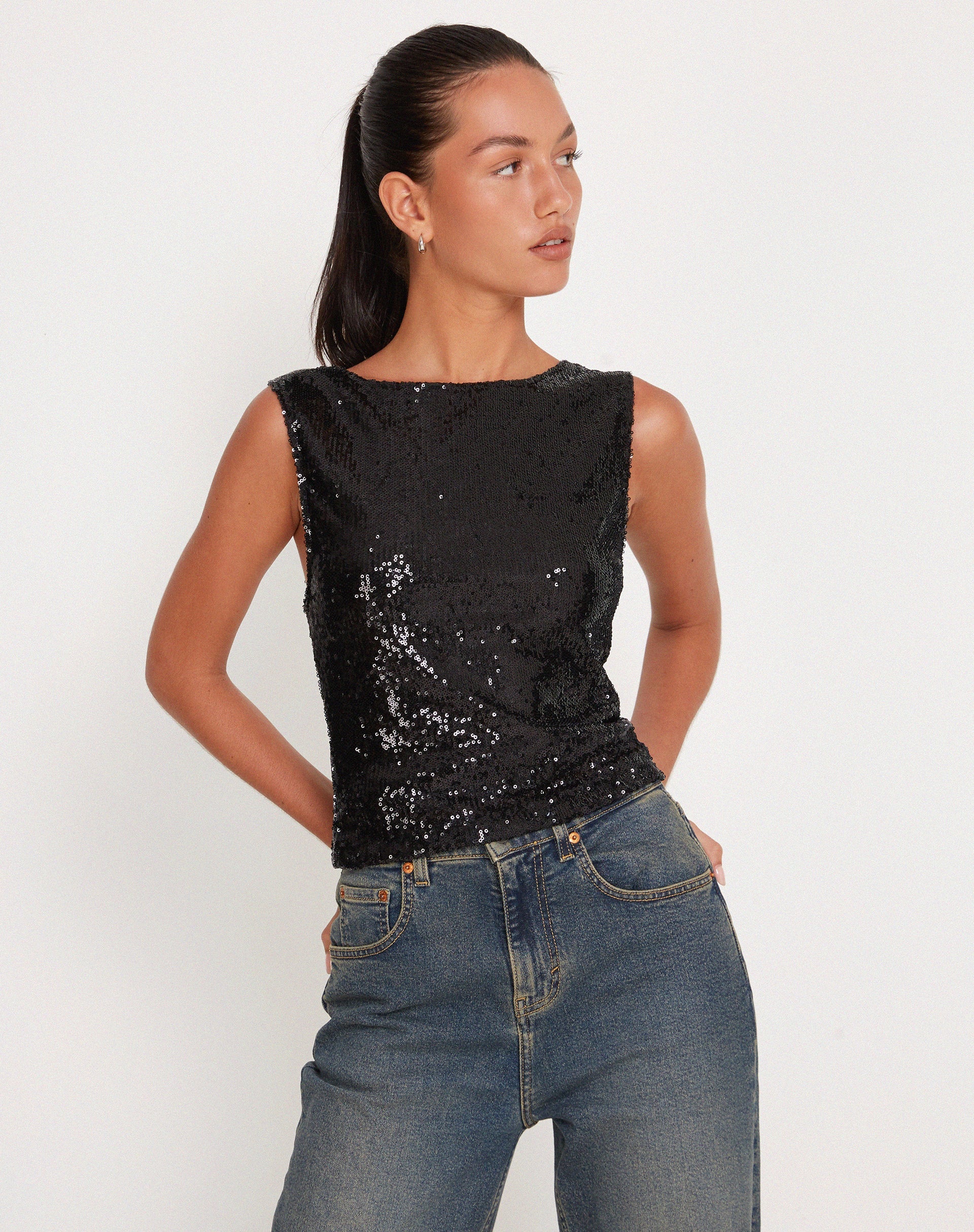 image of Hala Crop Vest Top in Black Sequin