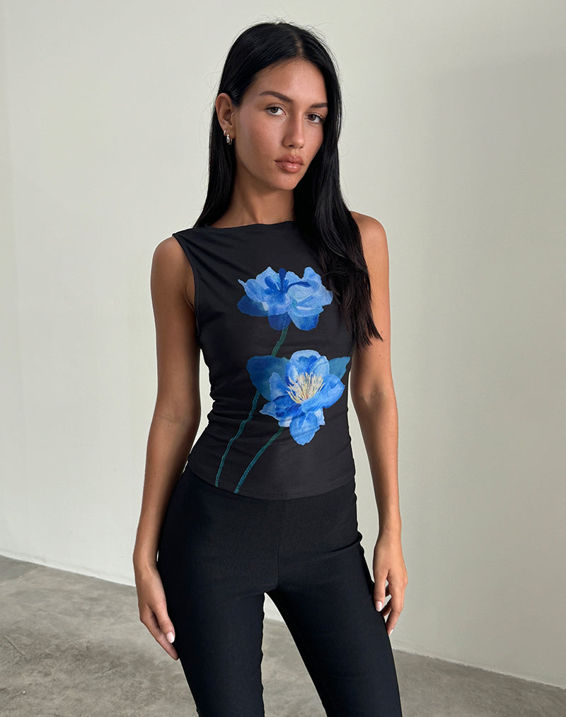 Hala Top in Black with Blue Watercolour Flower