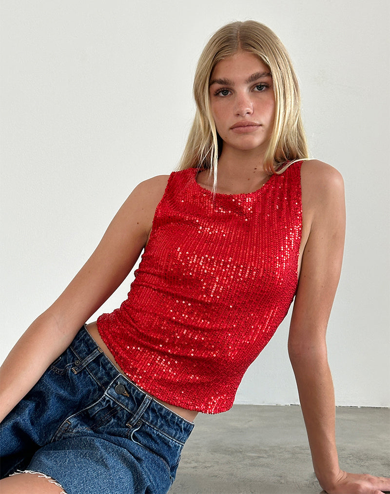 Red sparkly vest top on sale