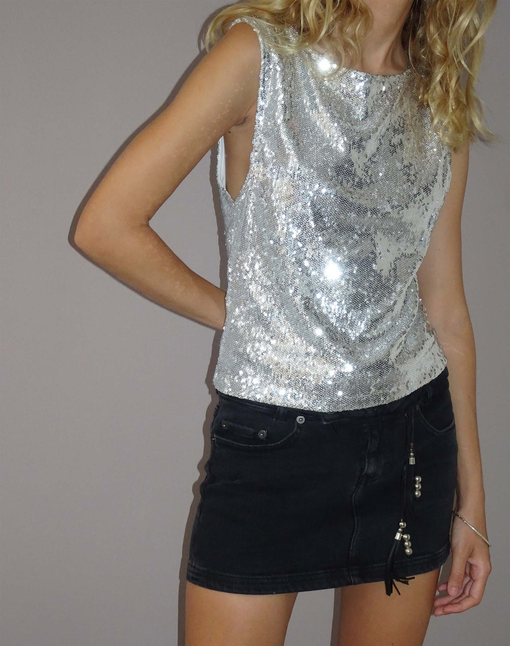 Silver bandeau top with sequins