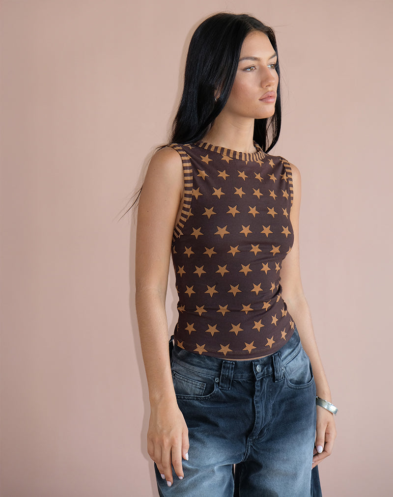 Image of Haleen Top in Brown Star Stripe with Binding