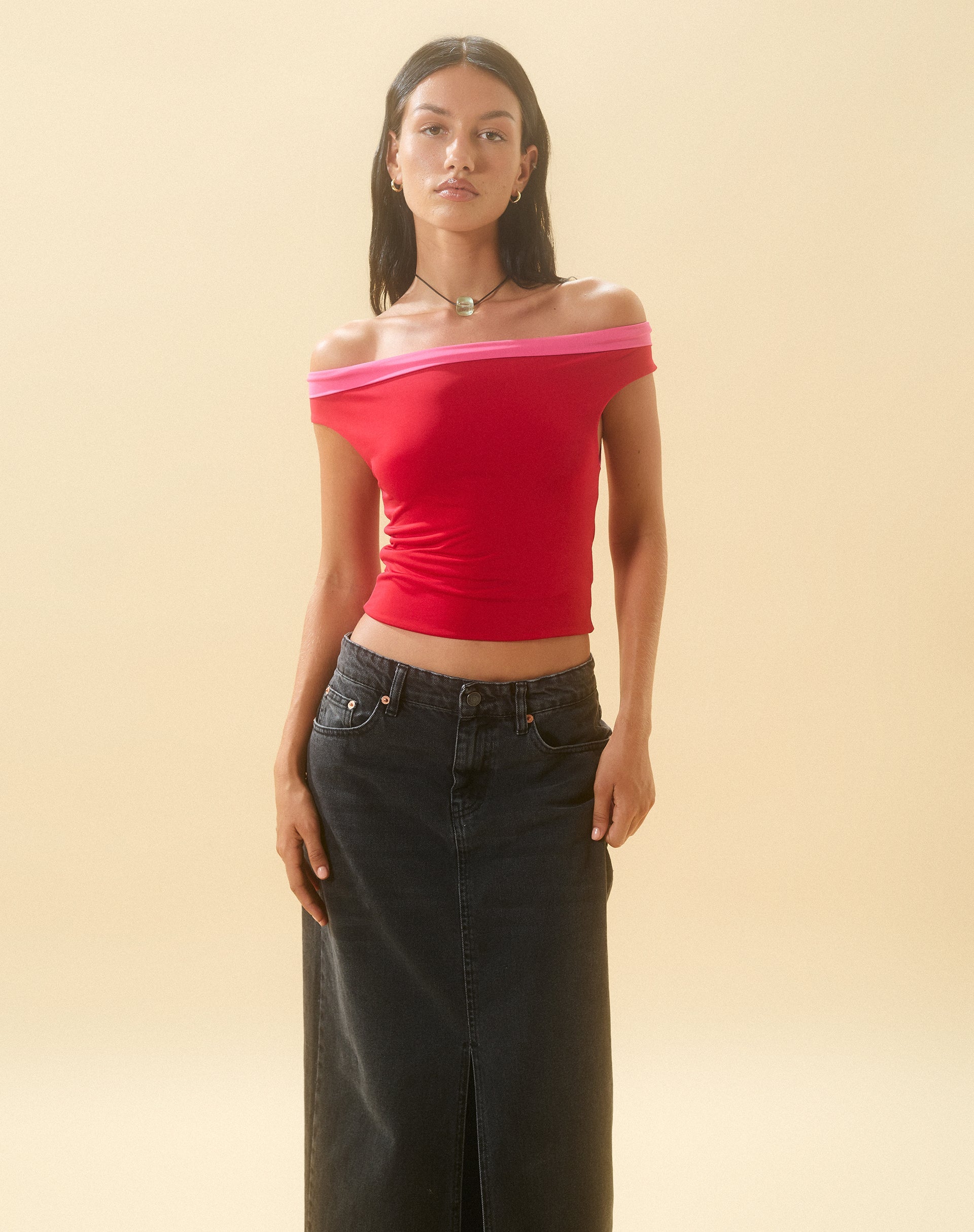 Pink bardot crop online top