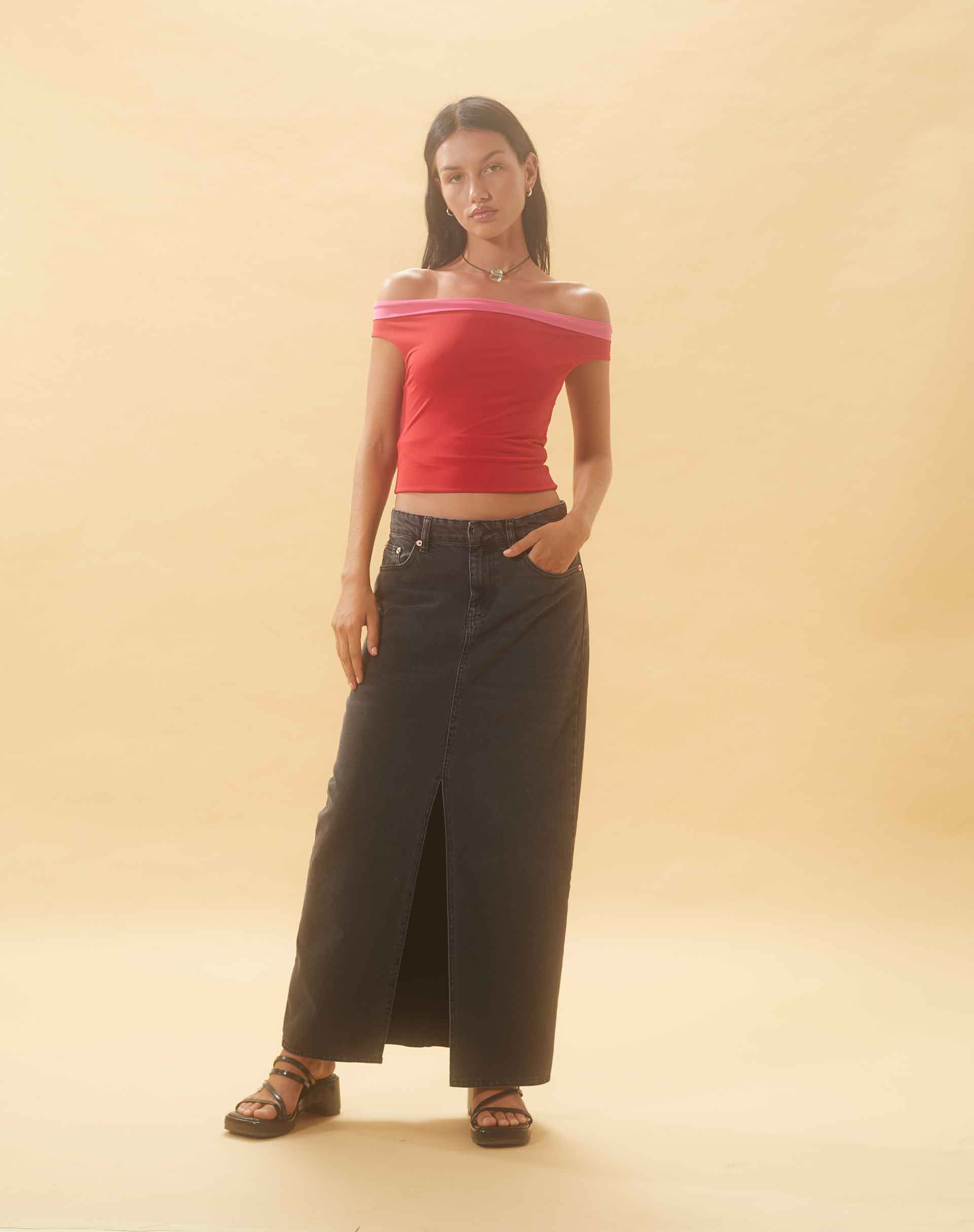 Low Rise Denim Maxi Skirt in Vintage Black