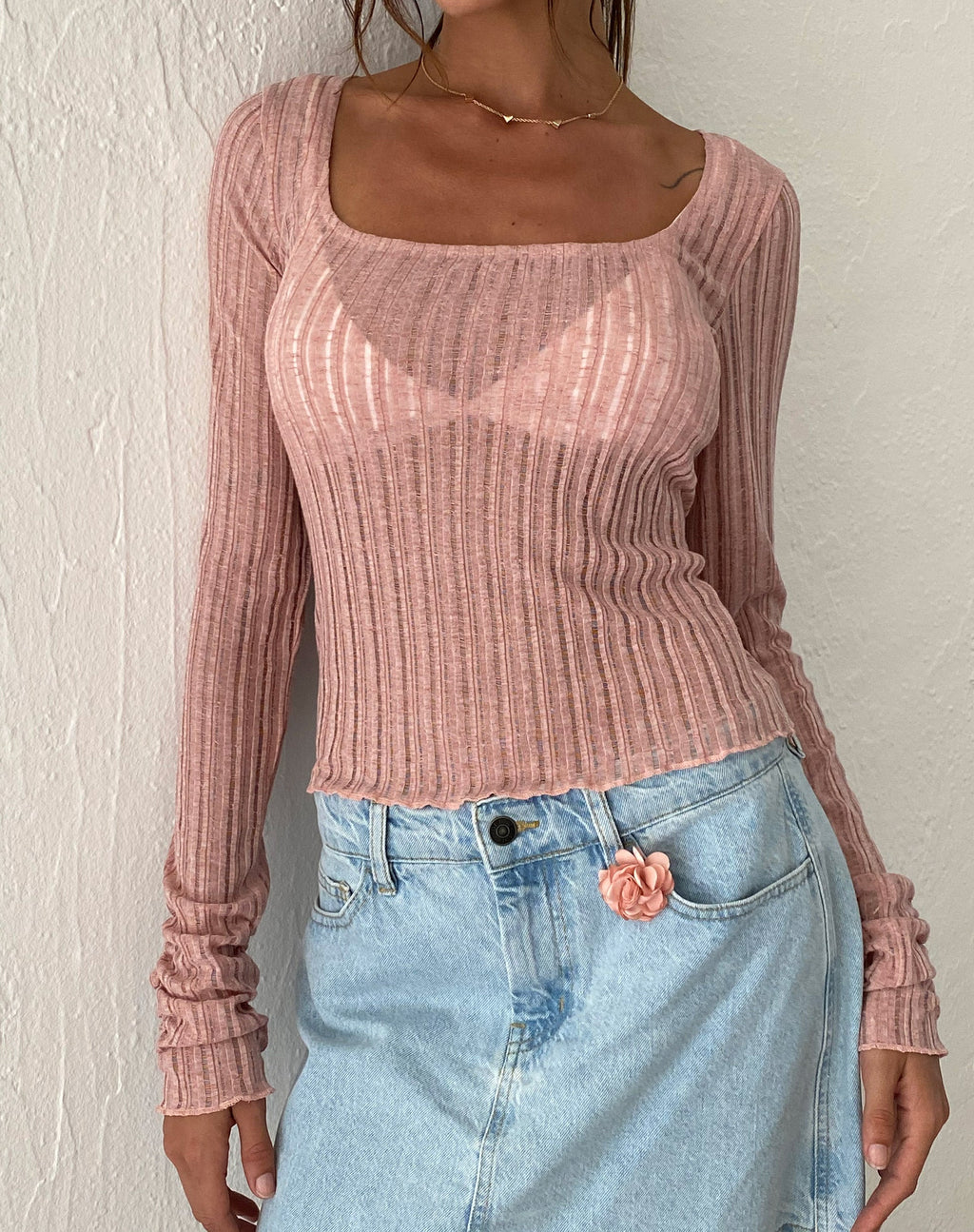 Halsey Knitted Extra Long Sleeve Top in Pink